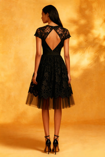 A Line Round Neck Open Back Lace Little Black Dress